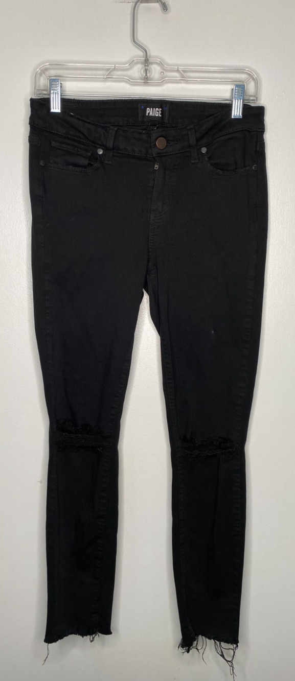 PAIGE Verdugo Ankle Black Jeans with Ripped Knees & Frayed Hem Size 29